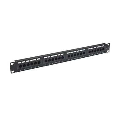 Metal Shielded 24 Port RJ45 Patch Panel RoHS/UL/CE Bersertifikat untuk Cat5e/Cat6/Cat6a/Cat7 Ethernet
